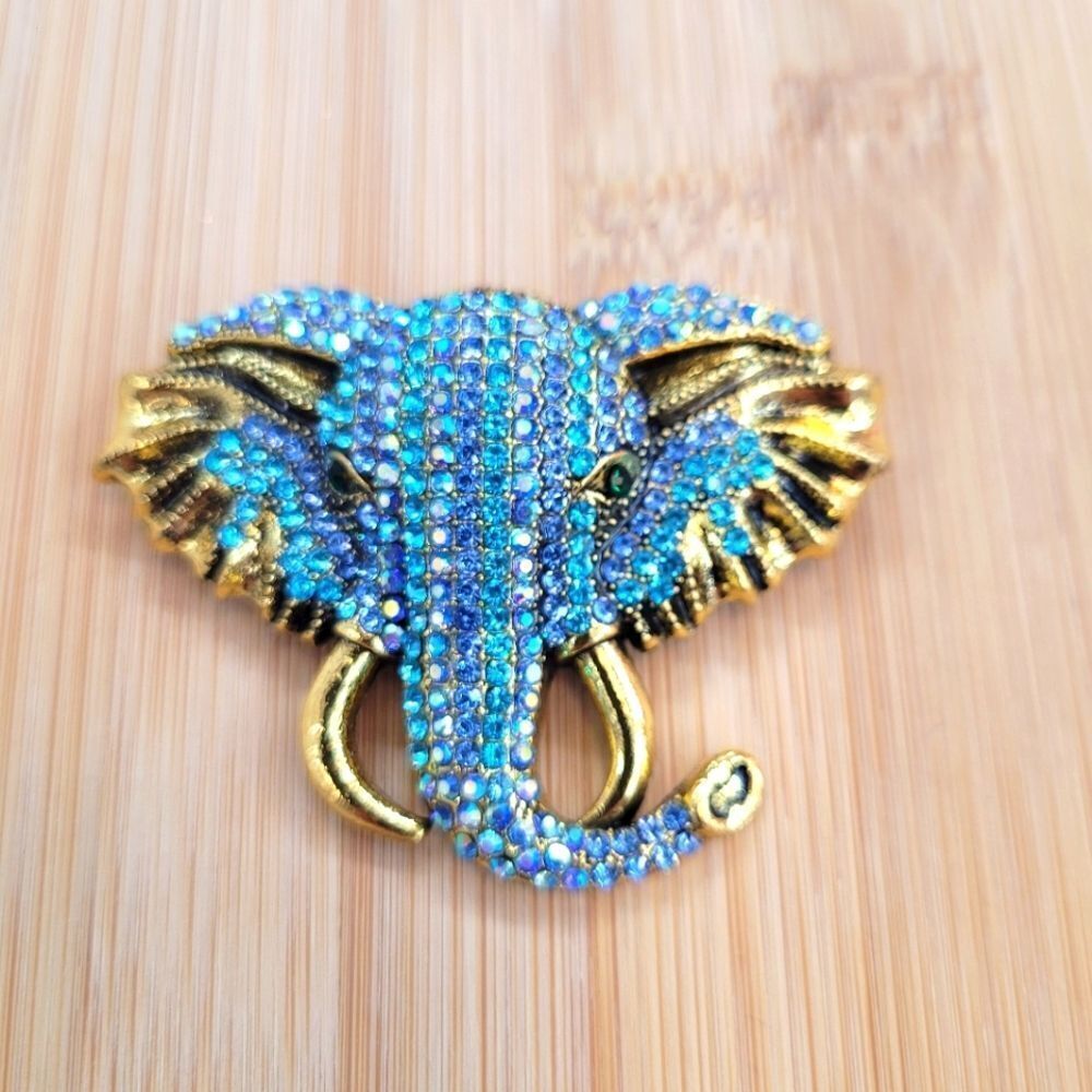 Brand New 2 In 1 Blue Gold Elephant Rhinestone Brooch Pin & Pendant
